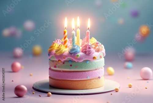 Colorful birthday cake on pastel background. generative ai