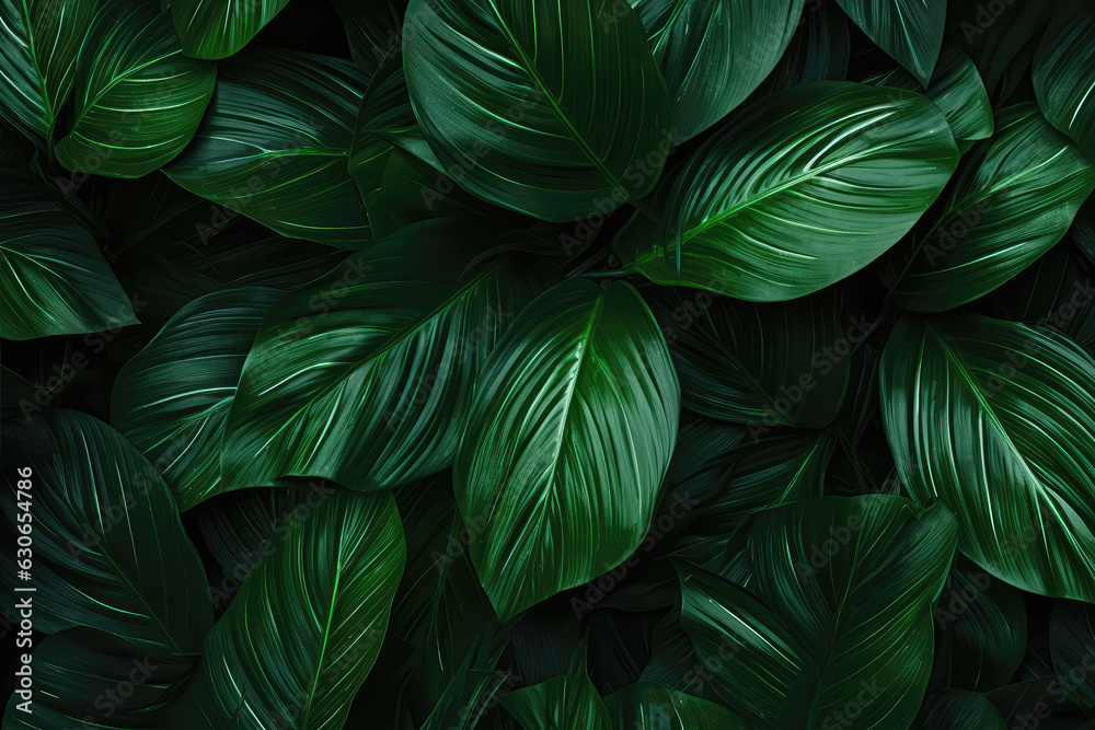 Pattern Green Tropical Forest, Leaves Closeup. Generative AI