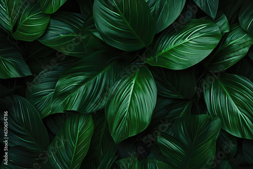 Pattern Green Tropical Forest  Leaves Closeup. Generative AI
