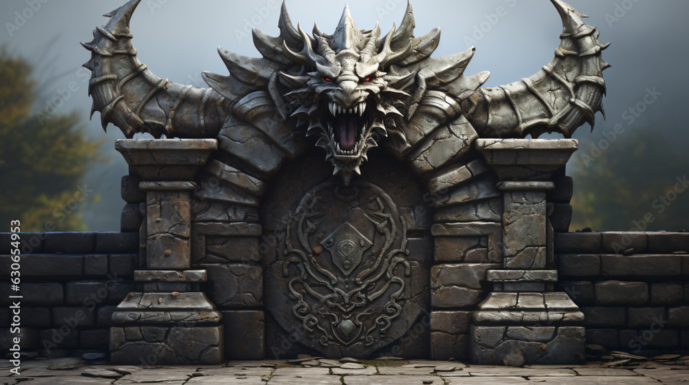 Fantasy medieval stone gate with sculpted dragon head