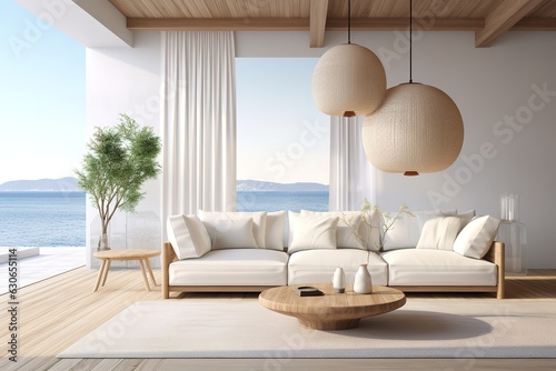 Bright living room interior with white empty wall | Beautiful contemporary living room home interior | Modern kitchen and modern living room in white interior design, Generative AI.