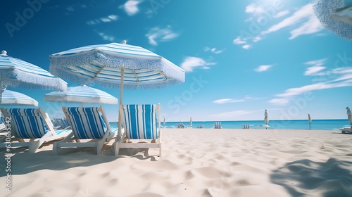 Vacation on the beach with beach chairs and umbrellas on the blue sea. Holiday feeling in the summer sun | Generative AI