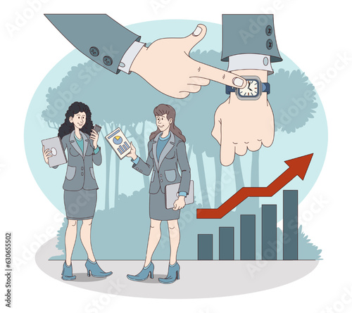 Ladies discuss growth and development of company, managing work time. Time organization and management concept. Flat vector illustration in blue colors in cartoon style