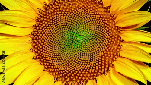 Yellow Sunflower Blooming on a Black Background in Timelapse. Agriculture Theme for Oil and Food Production. Macro Time Lapse Opening Sunflower Head