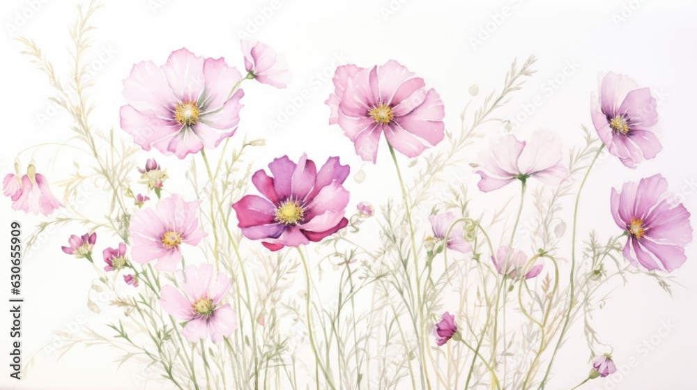 Pink flowers watercolor art painting for banner, poster, Web and packaging. Spring floral background. AI illustration.