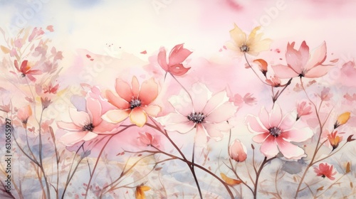 Pink flowers watercolor art painting for banner, poster, Web and packaging. Spring floral background. AI illustration.