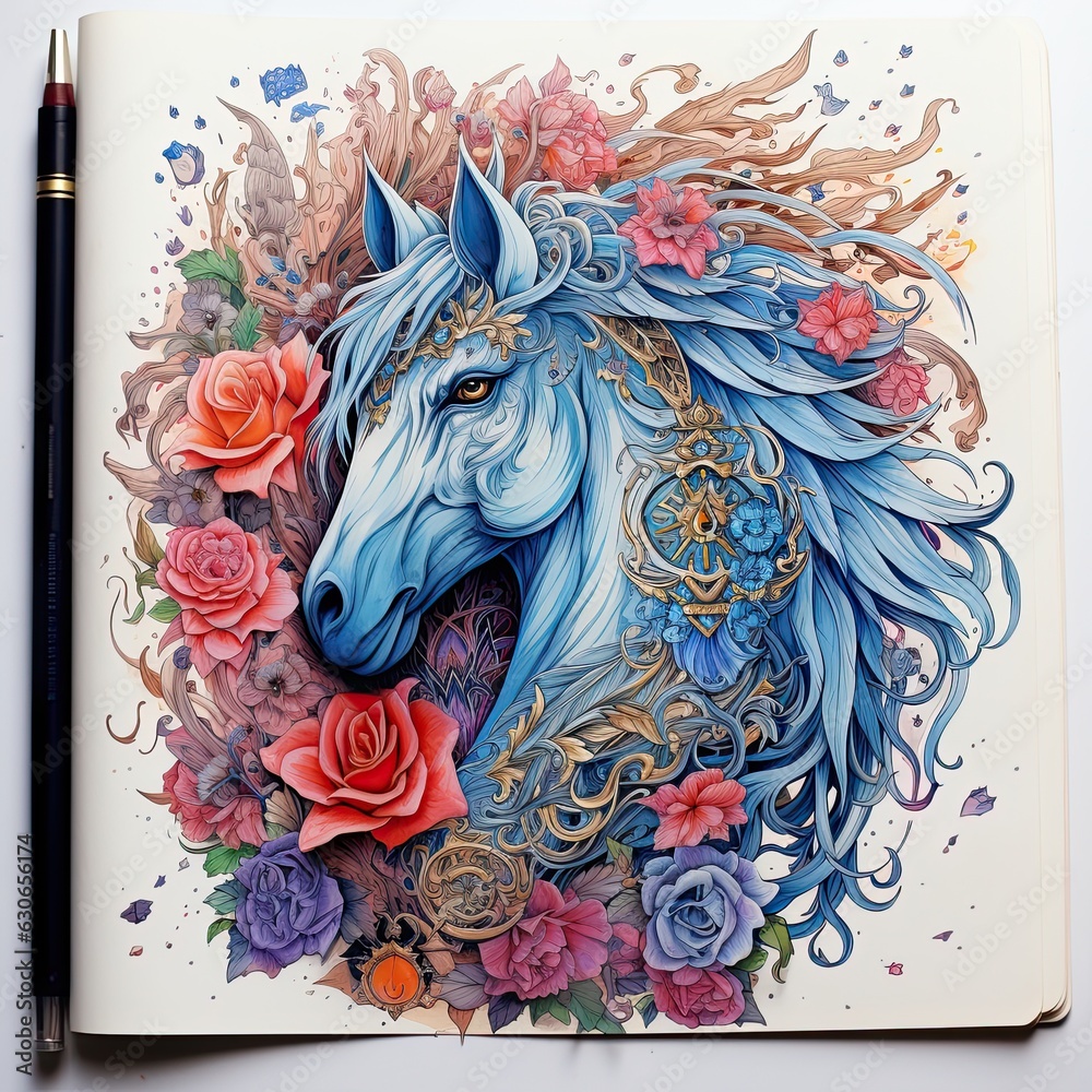 Floral intricate drawing of pegasus in an artistic notebook made of multicolored paper. Beautiful applique. Created by AI.