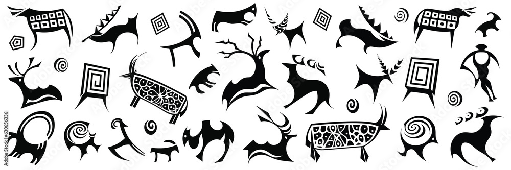 A series of petroglyphs, rock paintings of Central Asia, isolated on white background, vector design A series of petroglyphs, rock paintings of Central Asia, isolated on white background, vector design