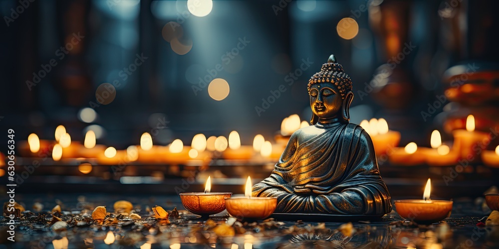 Buddha statue in lotus position on the background of magic candles. Created by AI.