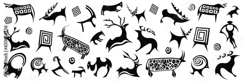 A series of petroglyphs, rock paintings of Central Asia, isolated on white background, vector design