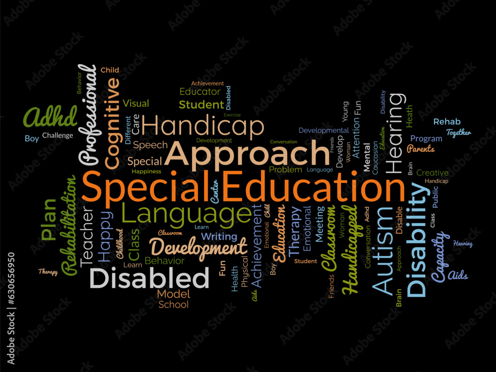 Word cloud background concept for Special Education. Disability development, special child behavior of development approach plan. vector illustration. Word cloud background concept for Special Education. Disability development, special child behavior of development approach plan. vector illustration.