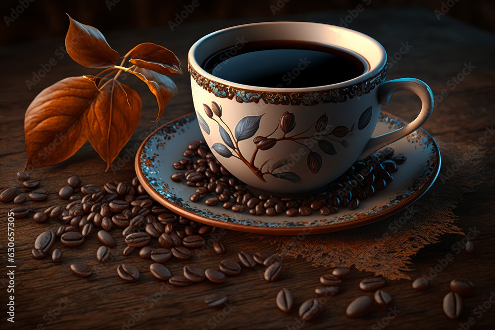 Fototapeta premium Cup of coffee and coffee beans on a saucer, perfect for a coffee lover. A cup of coffee on a saucer next to coffee beans
