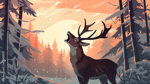 A close up of a deer, christmas image, cartoon illustration art