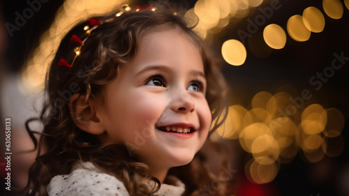A close up of a young girls face, christmas image, photorealistic illustration