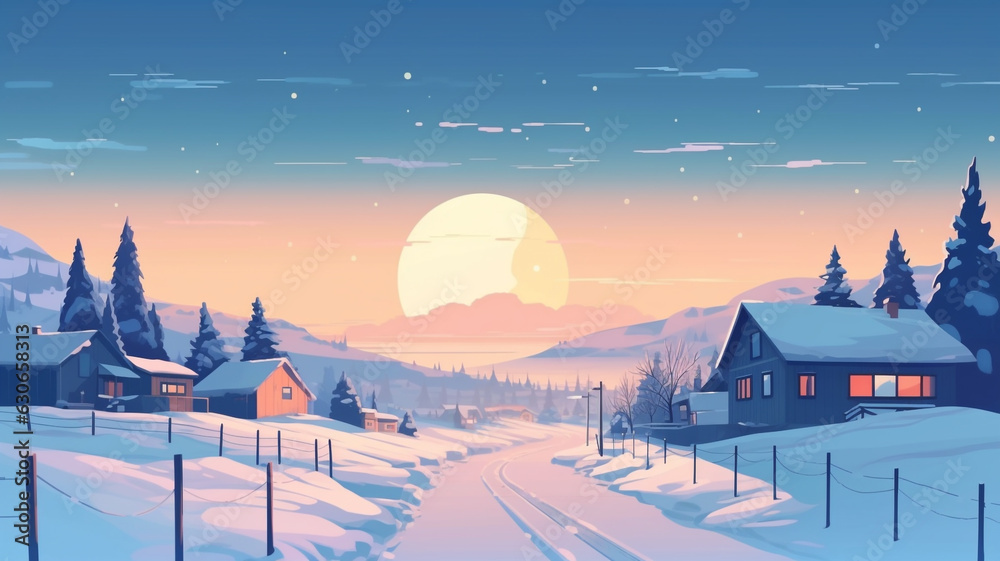 A christmas landscape with snow covered trees and houses, christmas image, cartoon illustration art