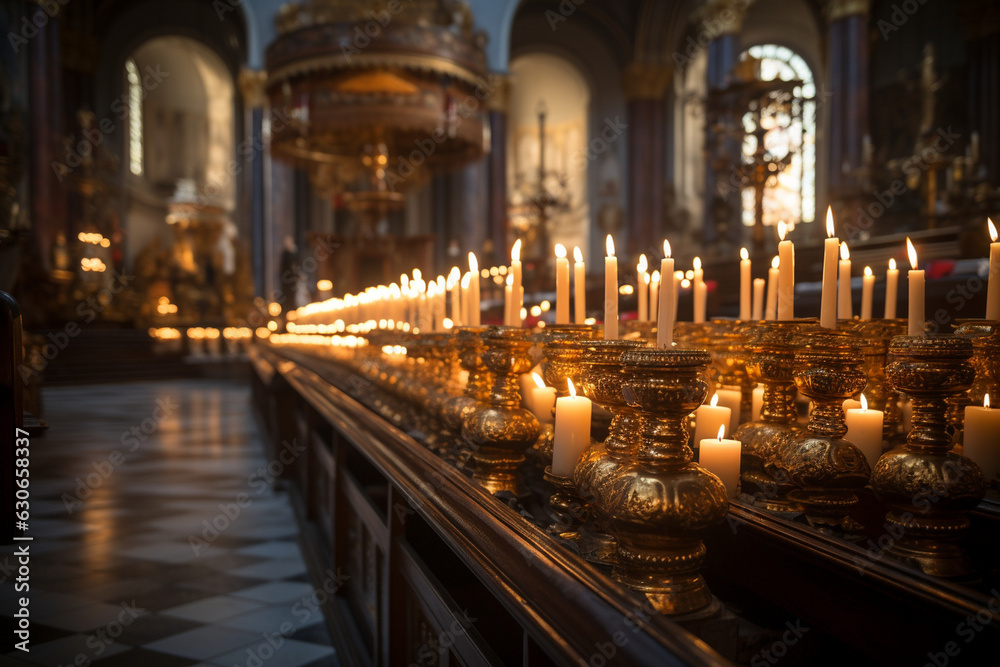 the warm glow of candles on the church altar, creating a peaceful and contemplative atmosphere Generative AI