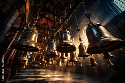 bell tower bells in motion as they chime, symbolizing the passing of time and the call to worship Generative AI photo