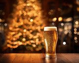 A beer glass stands next to a christmas tree, christmas image, photorealistic illustration