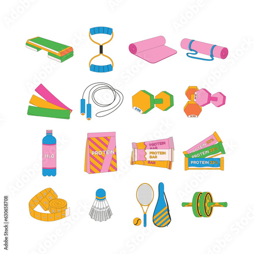 Step platform, expander, mat, jump rope, dumbbells, water, protein. Sport equipment. Fitness inventory.