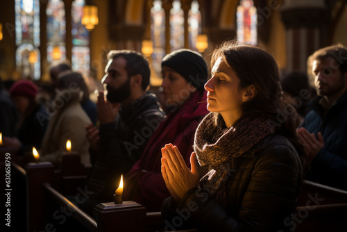 congregation deep in prayer and worship within the church's sacred space, conveying the sense of spiritual community Generative AI photo