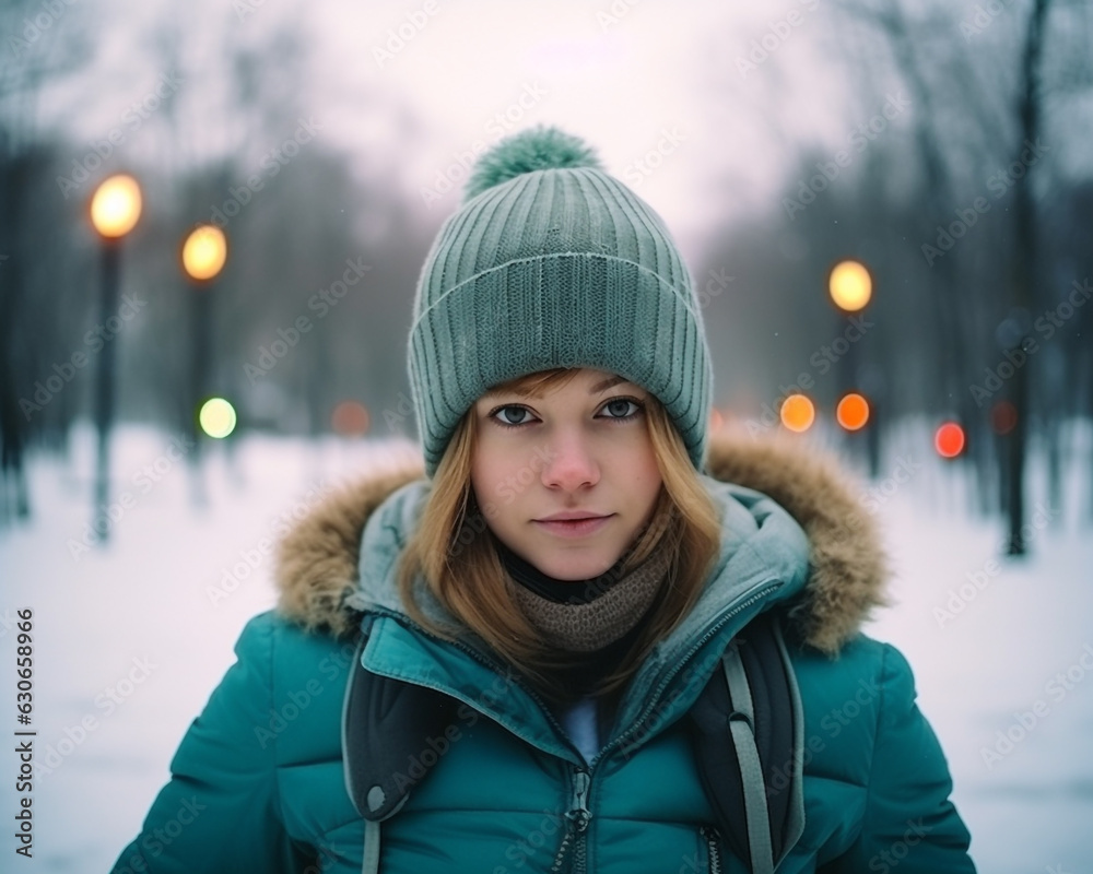 A girl standing in a winter park wearing a winter jacket and a cap stock photo djsansino, christmas image, photorealistic illustration A girl standing in a winter park wearing a winter jacket and a cap stock photo djsansino, christmas image, photorealistic illustration