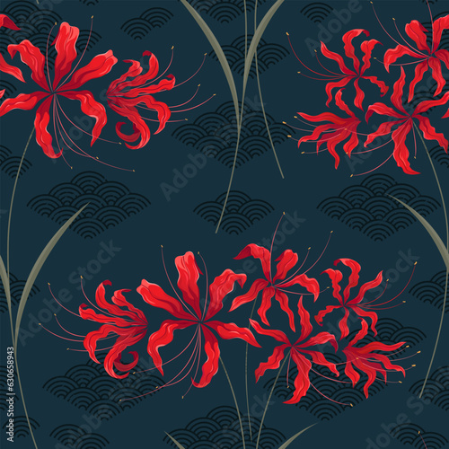 Spider liliy plant with coral red flowers on a dark blue backgroung. Vector seamless pattern photo