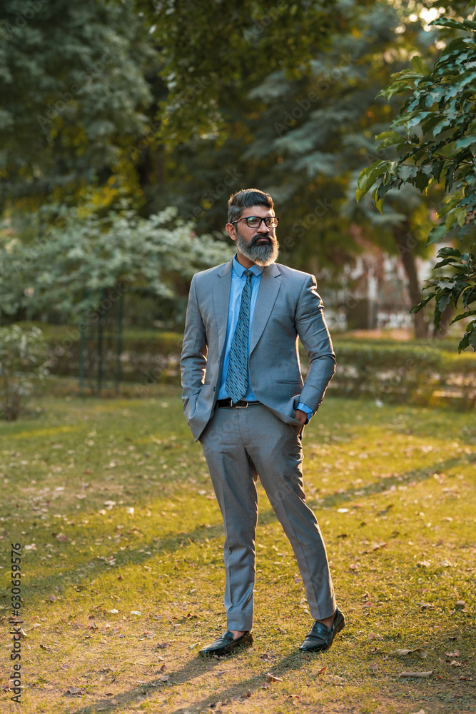 Confident indian businessman wearing suit and standing at park. Confident indian businessman wearing suit and standing at park.