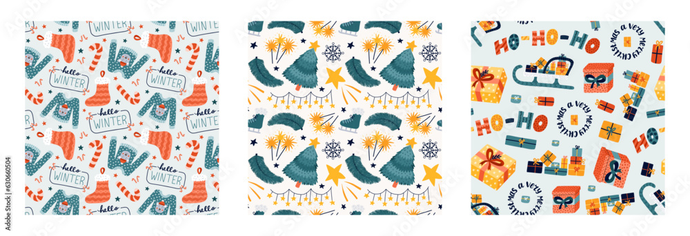 Set of simple seamless pattern with Christmas doodles. Cute print with hand drawn winter clipart. Cute wallpaper print for fabric design with symbols of Christmas and New Year. Creative background Set of simple seamless pattern with Christmas doodles. Cute print with hand drawn winter clipart. Cute wallpaper print for fabric design with symbols of Christmas and New Year. Creative background