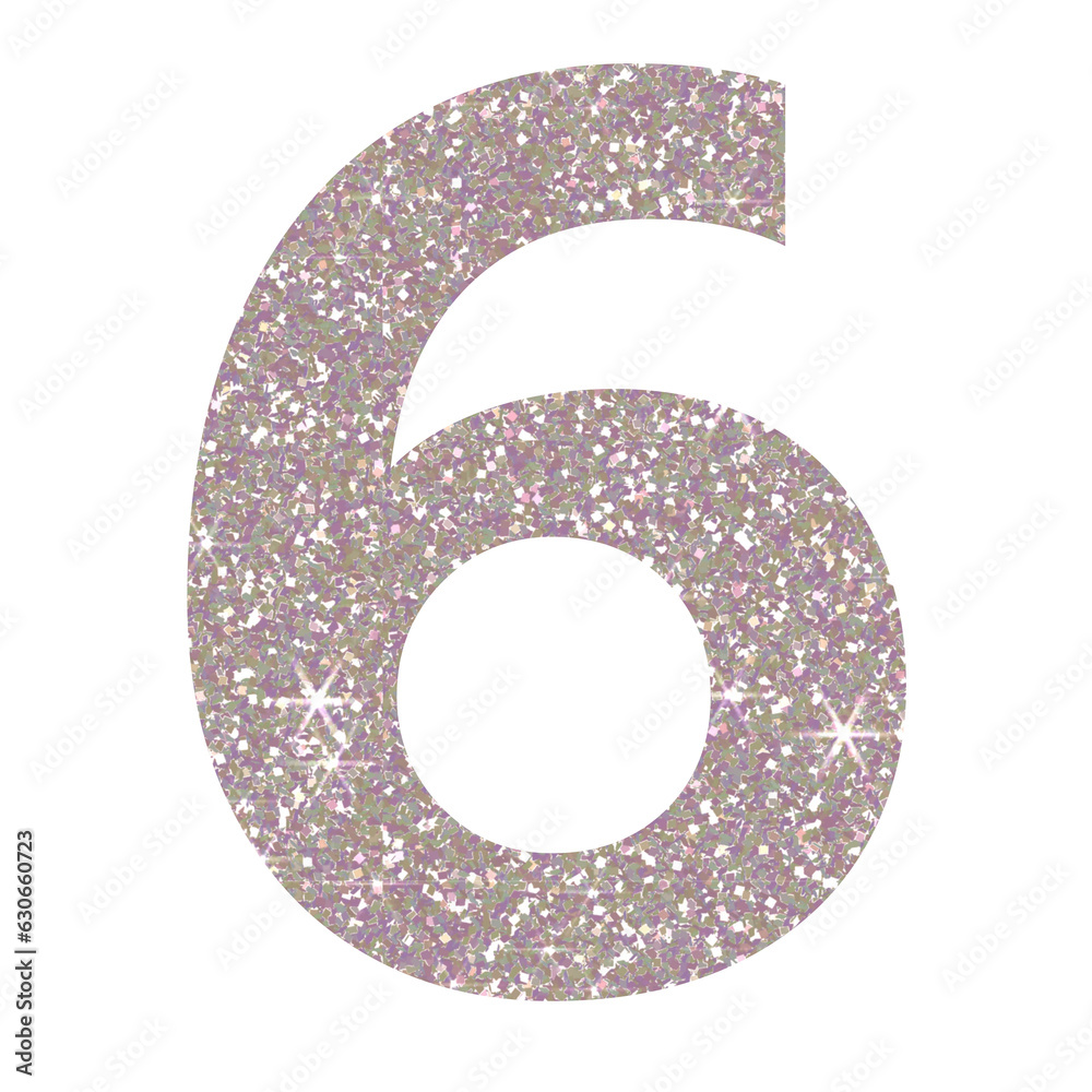 Silver glitter number six in transparent background.Number 6 icon, Design for decorating, background, wallpaper, illustration

