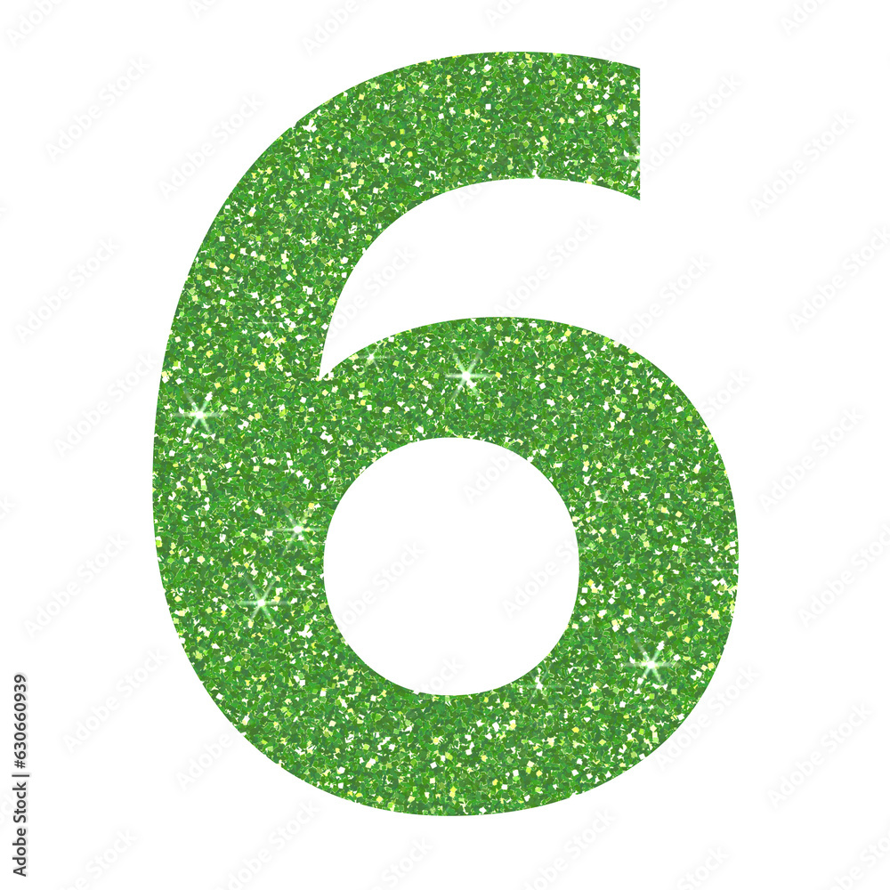 Green glitter number six in transparent background.Number 6 icon, Design for decorating, background, wallpaper, illustration