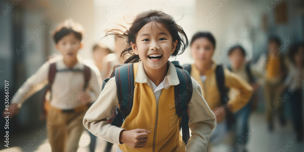 Back to school concept. Portrait of asian school girl with backpack in school environment. Back to school concept. Portrait of asian school girl with backpack in school environment.