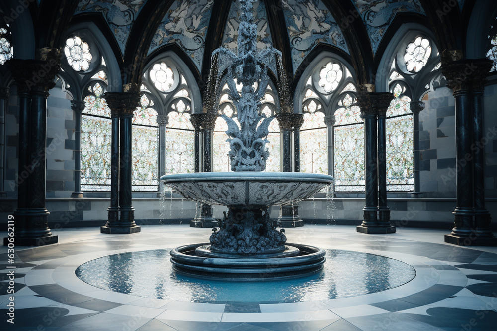 beautifully designed and ornate baptismal fountain in the church, adding to the spiritual ambiance of the space Generative AI