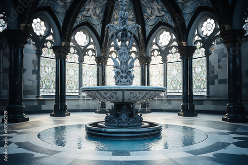 beautifully designed and ornate baptismal fountain in the church, adding to the spiritual ambiance of the space Generative AI