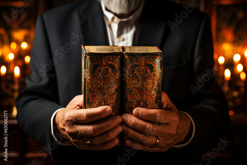 hands reverently holding the church's holy book, portraying the significance and respect for the sacred text Generative AI