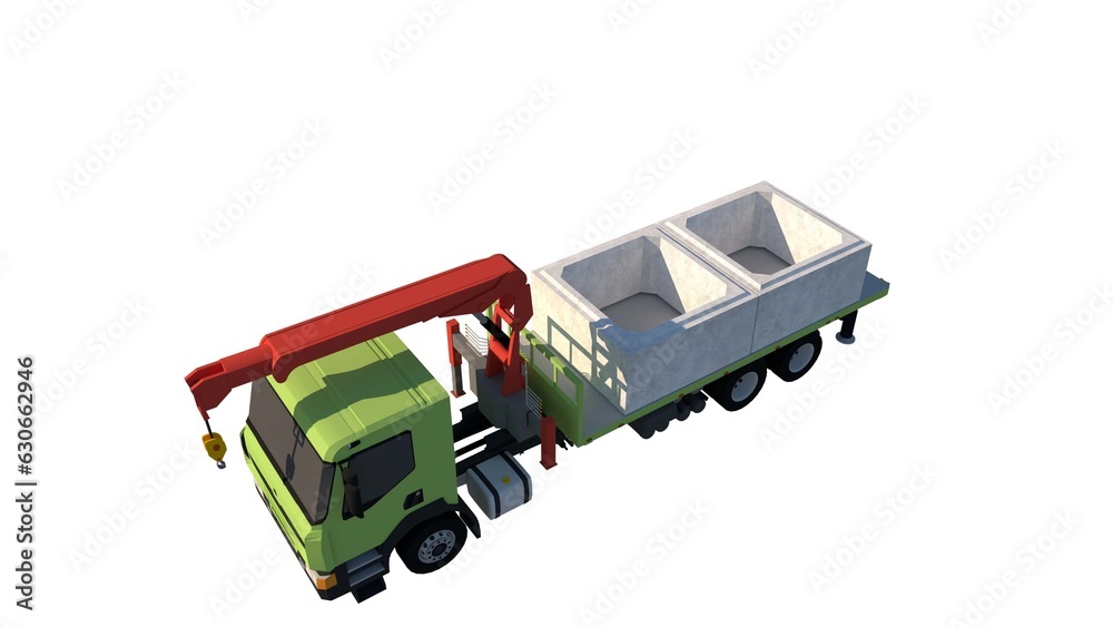 Obraz premium Green Foco Crane Truck 3D Illustration Transporting Box Culvert