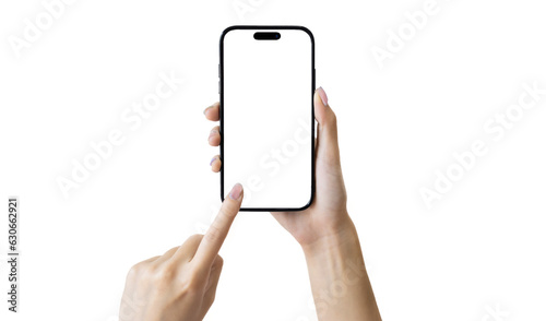 Hand holding smartphone and finger pointing on blank screen isolated on transparent background cutout, PNG file. Mockup template for artwork design.