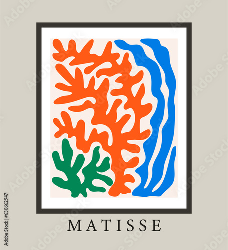 abstract Matisse coral poster in blue orange and green. Contemporary floral collage, organic shapes, modern hand drawn wall decor, Matisse art print, vector art