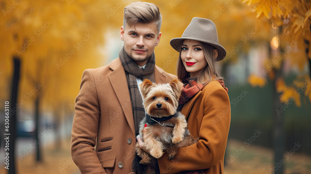 Portrait of beautiful couple in stylish clothes with dog in her arms walking around the city with serious face and hugging a pet. Portrait of beautiful couple in stylish clothes with dog in her arms walking around the city with serious face and hugging a pet.