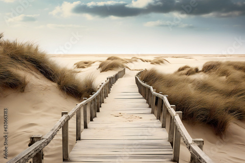 A path to the beach with old wooden fences and sand dunes