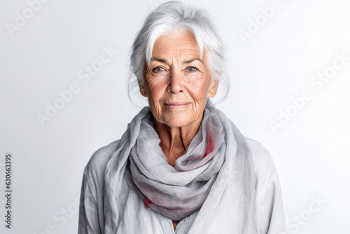 close-up portrait of a beautiful senior woman with gray hair . Self care and mental health concept. 