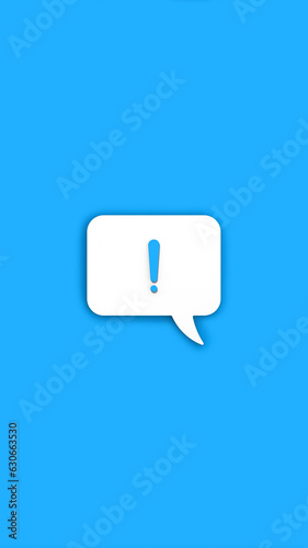Blue exclamation mark on a white message board. Alarm signal in the phone. Danger alert. Message on a Blue background. Vertical image. 3D image. 3D rendering.