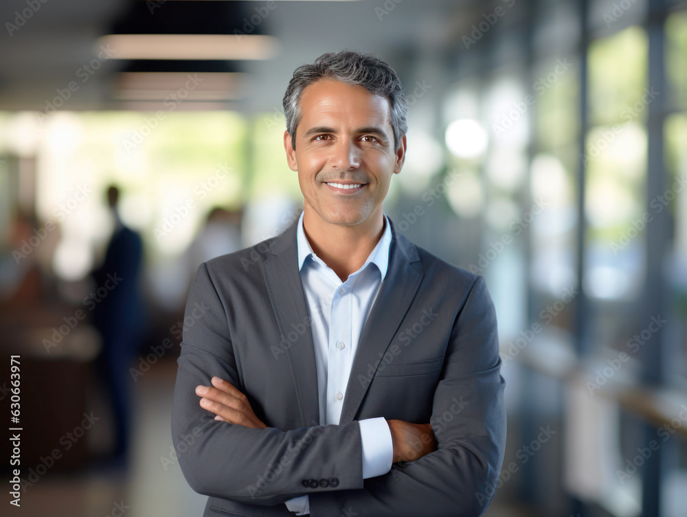 Handsome hispanic senior business man with crossed arms smiling at camera. Indian or latin confident mature good looking middle age leader male businessman on blur office background with copy space.