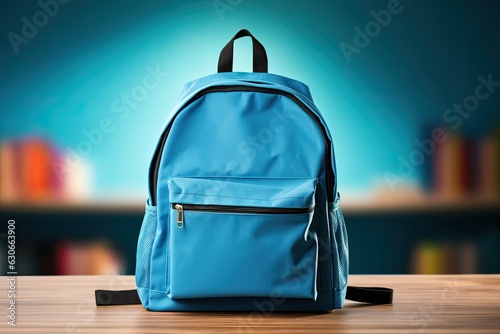 Blue backpack with different colorful stationery on table. Back to school