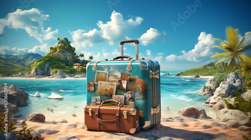Suitcase for a illustration of a trip around the world with nice weather, blue skies and adventures holidays | Generative AI