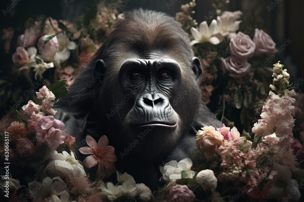 Gorilla abstract portrait with flowers and leaves. Creative animal portrait. Generative Ai.