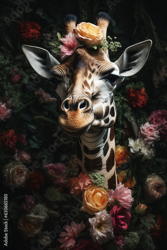 Giraffe abstract portrait with flowers and leaves. Creative animal portrait. Generative Ai.