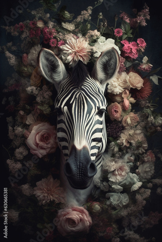 Zebra abstract portrait with flowers and leaves. Creative animal portrait. Generative Ai. photo