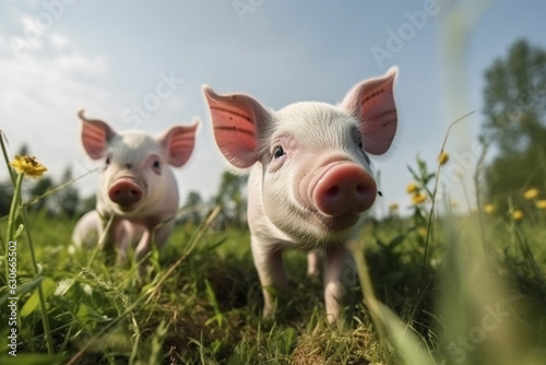 Happy pigs roaming free on farm meadow and mud. Farm animal welfare and care. Generative Ai © marcin jucha