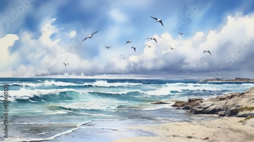 Watercolor painting of an idyllic beach