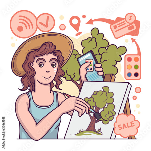 Young lady paint landscape in park. Young artist select paint. Online store for artists. Set of paintbrushes, canvases, drawing materials. Flat vector illustration
